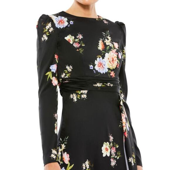 FLAWED GEM – Mac Duggal Long Sleeve Boat Neck Floral Maxi Gown in Black – Size 2 - Picture 3 of 11